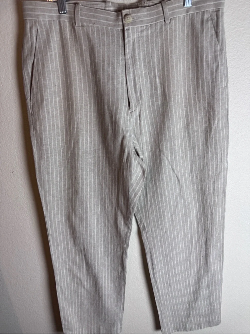 Perry Ellis Men’s Linen Classic Fit Beige/White Pinstripe Dress Pants 36/32